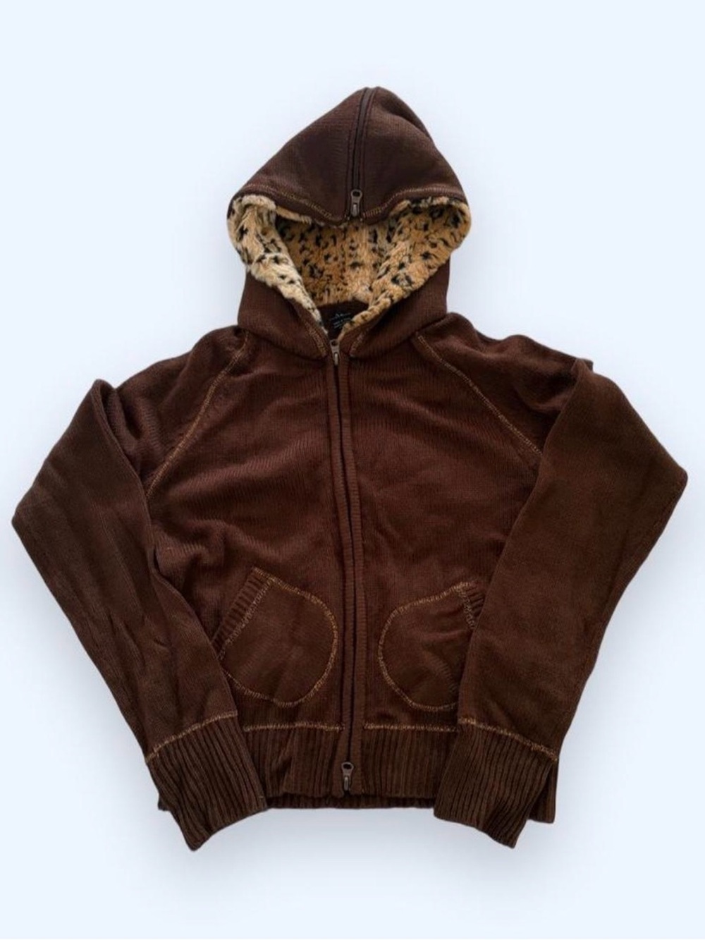 Gyaru style Brown Zip Up Hoodie with Faux Fur Hood lining
